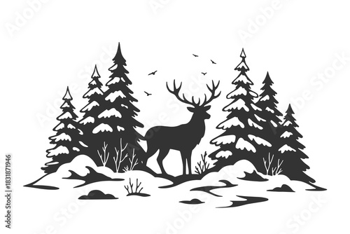 Majestic deer standing in a pine forest illustrated in detailed monochrome engraving style, ideal for wildlife prints, outdoor branding, and nature-themed vector designs.