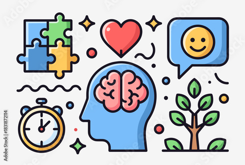 Colorful vector illustration of a head with brain and various wellness icons including heart, puzzle, and nature.
