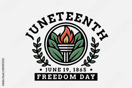 Emblem design featuring a torch with flames and laurel branches representing Juneteenth Freedom Day.
