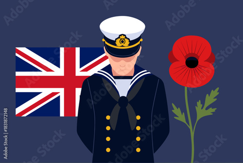 Vector artwork showing a sailor bowing in remembrance beside a flag and a red poppy flower.
