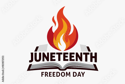 Vector badge featuring a bright flame and open book symbolizing Juneteenth Freedom Day.

