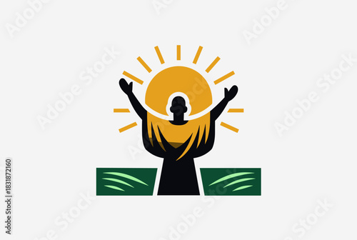 Vector illustration of a person raising their arms with a glowing sun symbolizing hope and positivity.
