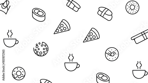 A playful black and white line art pattern featuring various food and drink items scattered randomly
