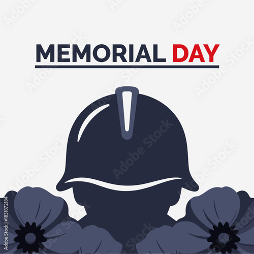 Vector illustration of a military helmet silhouette with remembrance flowers symbolizing Memorial Day.
