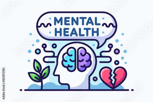 Colorful vector illustration depicting mental health with brain graphic, broken heart, and growing plant symbols.
