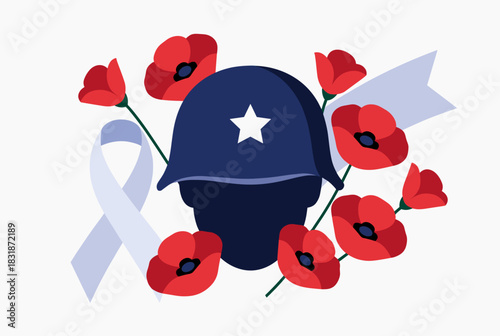 Soldier helmet with poppies remembrance vector
