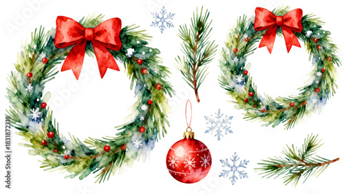 Festive watercolor wreaths with bows, ornaments, and snowflakes in a cheerful holiday arrangement