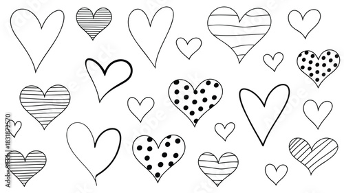 Collection of hand drawn hearts with stripes and polka dots on a white background
