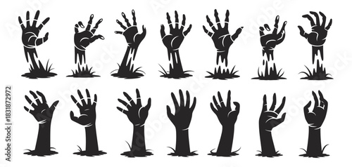 Halloween Zombie Hands Silhouette Vector Set Featuring Spooky Arms Rising from the Ground for Creating Eerie Atmospheres and Haunting Horror-Themed Designs