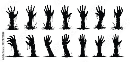 Halloween Zombie Hands Silhouette Vector Set Featuring Spooky Arms Rising from the Ground for Creating Eerie Atmospheres and Haunting Horror-Themed Designs