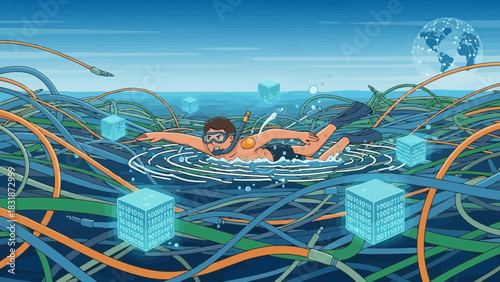 Digital ocean illustration with swimmer surrounded by binary code cubes and cables. Concept for data analysis, information technology and global network