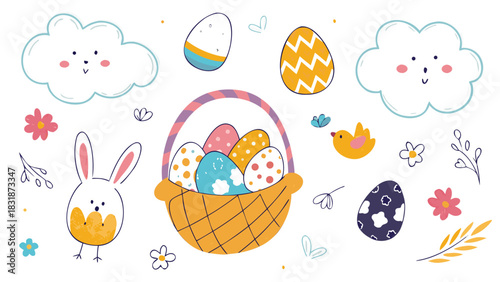 A charming and whimsical easter illustration featuring a basket overflowing with colorful decorated eggs a cute bunny a little yellow chick and playful clouds and flowers against a white background