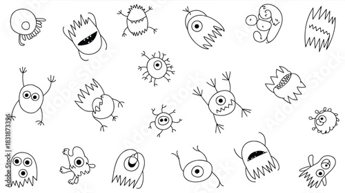 Collection of whimsical hand drawn cartoon monsters and creatures in black and white outline style