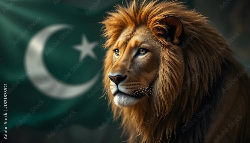 Naklejka premium Majestic lion portrait with a proud gaze, strength and courage radiating from its eyes, a symbol of power and resilience, perfect for impactful visuals