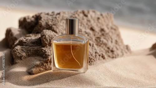 Luxurious perfume bottle on sand with natural rocks and soft background