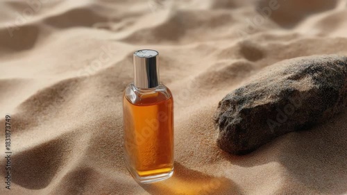 Perfume bottle on sand with rock under sunlight in desert setting