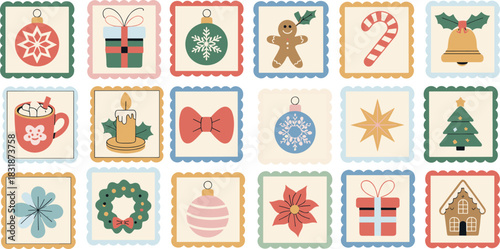 Set of colorful Christmas advent calendar vector stamps featuring holiday gifts, trees, and festive ornaments.