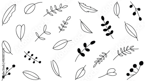 Collection of hand drawn botanical elements including leaves and branches with berries on a white background