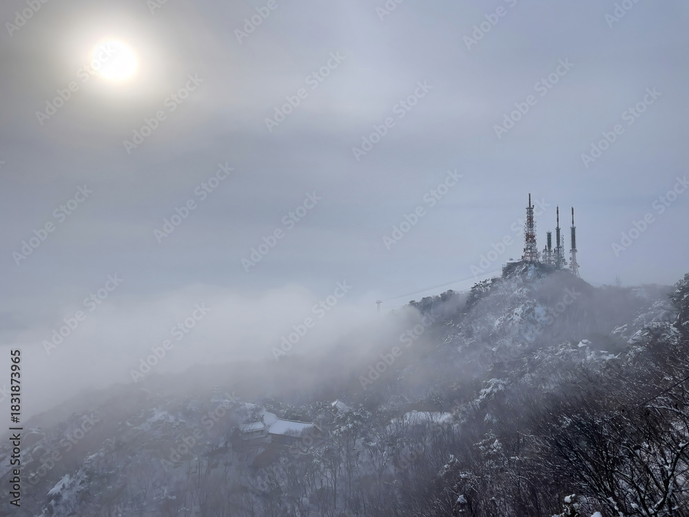 Fototapeta premium Snowy Mountain Peak in Winter Fog with Bare Trees and Communication Towers 
