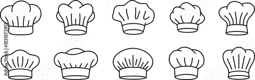 Collection of black and white chef hat outline icons for bakery and restaurant logo design.