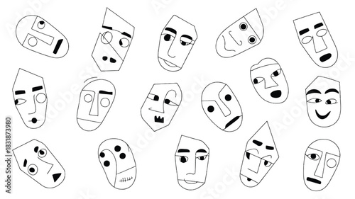Collection of hand drawn abstract faces and masks with simple line art and black and white design