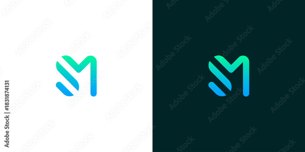 Obraz premium Innovative and fluid 'M' letterform logo, designed with a modern gradient for digital branding, conveying progress, connectivity, and a fresh visual identity for technology and startup ventures