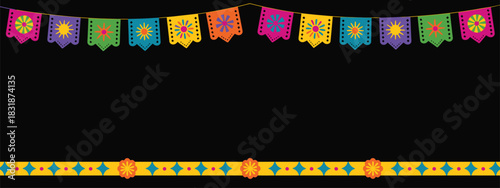 Hispanic Heritage Month and Cinco de Mayo Fiesta Background Featuring Papel Picado Festive Flags and Decorative Frame in a Horizontal Vector Illustration with Copy Space