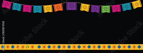 Hispanic Heritage Month and Cinco de Mayo Fiesta Background Featuring Papel Picado Festive Flags and Decorative Frame in a Horizontal Vector Illustration with Copy Space