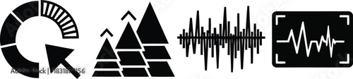 Black graphic icons circular progress bar mountain chart sound wave and oscilloscope