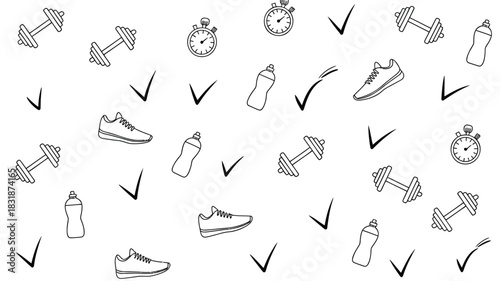 Seamless pattern of hand drawn fitness icons including dumbbells sneakers water bottles stopwatches and checkmarks