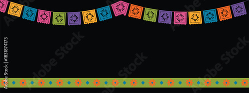 Hispanic Heritage Month and Cinco de Mayo Fiesta Background Featuring Papel Picado Festive Flags and Decorative Frame in a Horizontal Vector Illustration with Copy Space