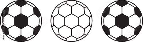 Soccer ball icon set. Football outline and solid designs for sports graphics, team logos, athletic equipment, and game illustrations.