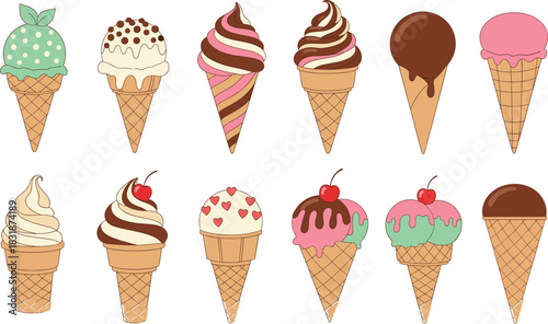 A collection of twelve diverse, colorful, and delicious vector ice cream cones, featuring swirls, toppings, cherries, and waffle texture, perfect for summer menus and sweet dessert designs