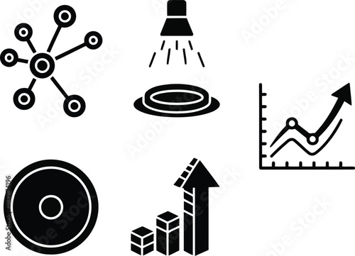 Black icons of network connection growth and data analysis