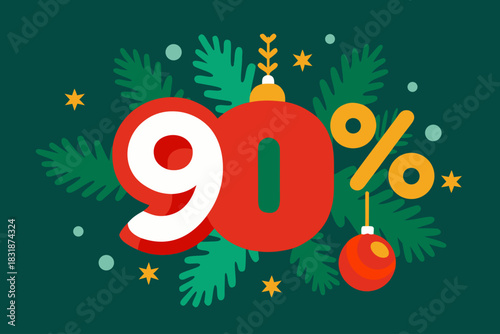 Ninety percent off christmas sale with festive decorations and pine branches