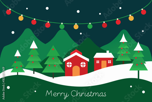 Charming winter village scene with festive christmas lights and snowfall