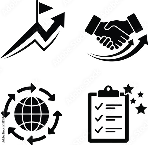Business growth handshake global checklist and award icons