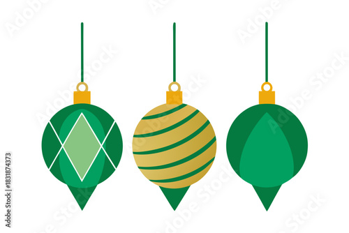 Three festive green and gold christmas ornaments hanging on white background