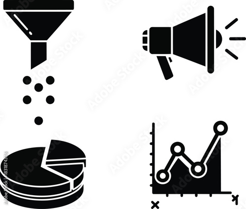 Black icons of funnel pie chart megaphone and line graph
