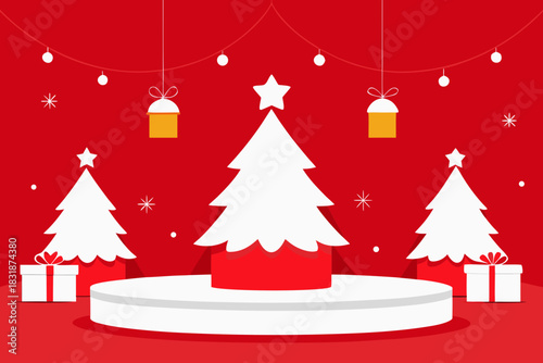 Festive christmas scene with white trees and red gifts on a vibrant red background