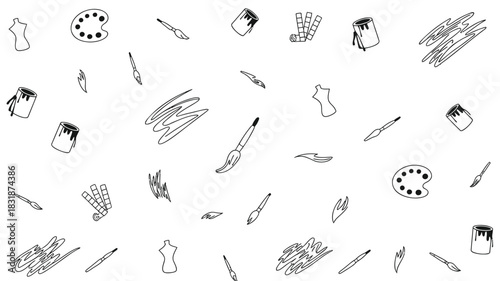 A repeating pattern of hand drawn art supplies including paint brushes paint cans and color swatches