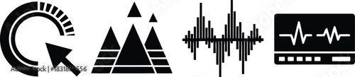 Four black graphic icons including a circular progress bar with arrow, stacked triangles, sound wave, and heart monitor