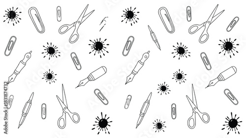 Seamless pattern of hand drawn writing tools and ink splatters on a white background