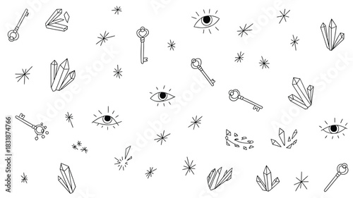 Mystical pattern of hand drawn keys crystals and eyes on white background for occult and magic themes