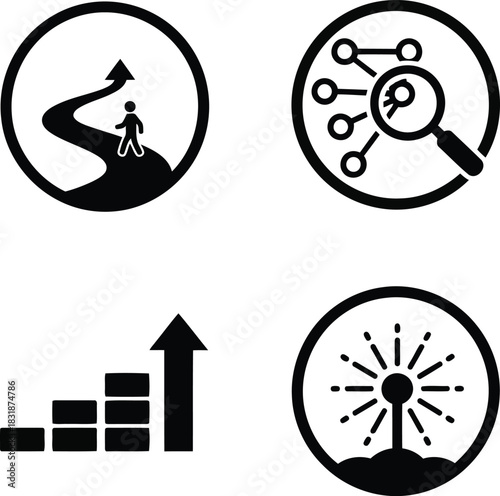 Four black icons representing growth progress and analysis