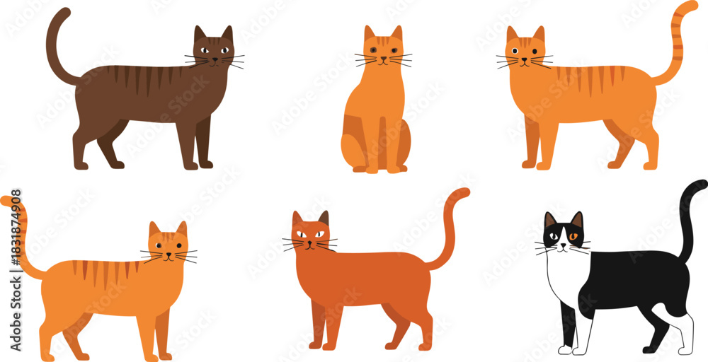 Obraz premium Flat Design Vector Set of Six Domestic Cats Featuring Different Breeds and Colors, Ideal for Simple Graphics, Infographics, and Website Icons