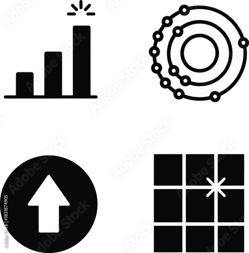 Four black icons representing growth progress and data