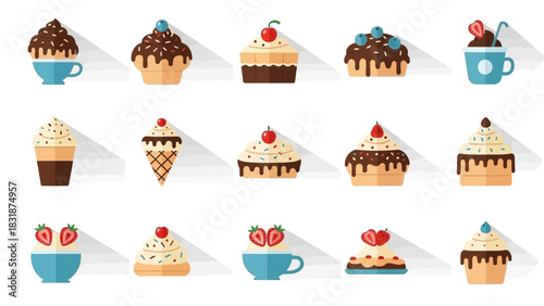 A collection of flat design illustrations of various cupcakes, ice creams, and sweet desserts with toppings.
