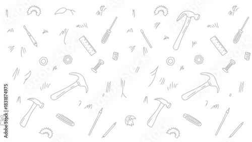 Hand drawn doodle pattern of various tools and hardware elements on a white background