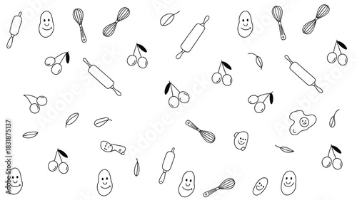 Cute hand drawn black and white doodle pattern of baking tools fruits and smiling faces on white background